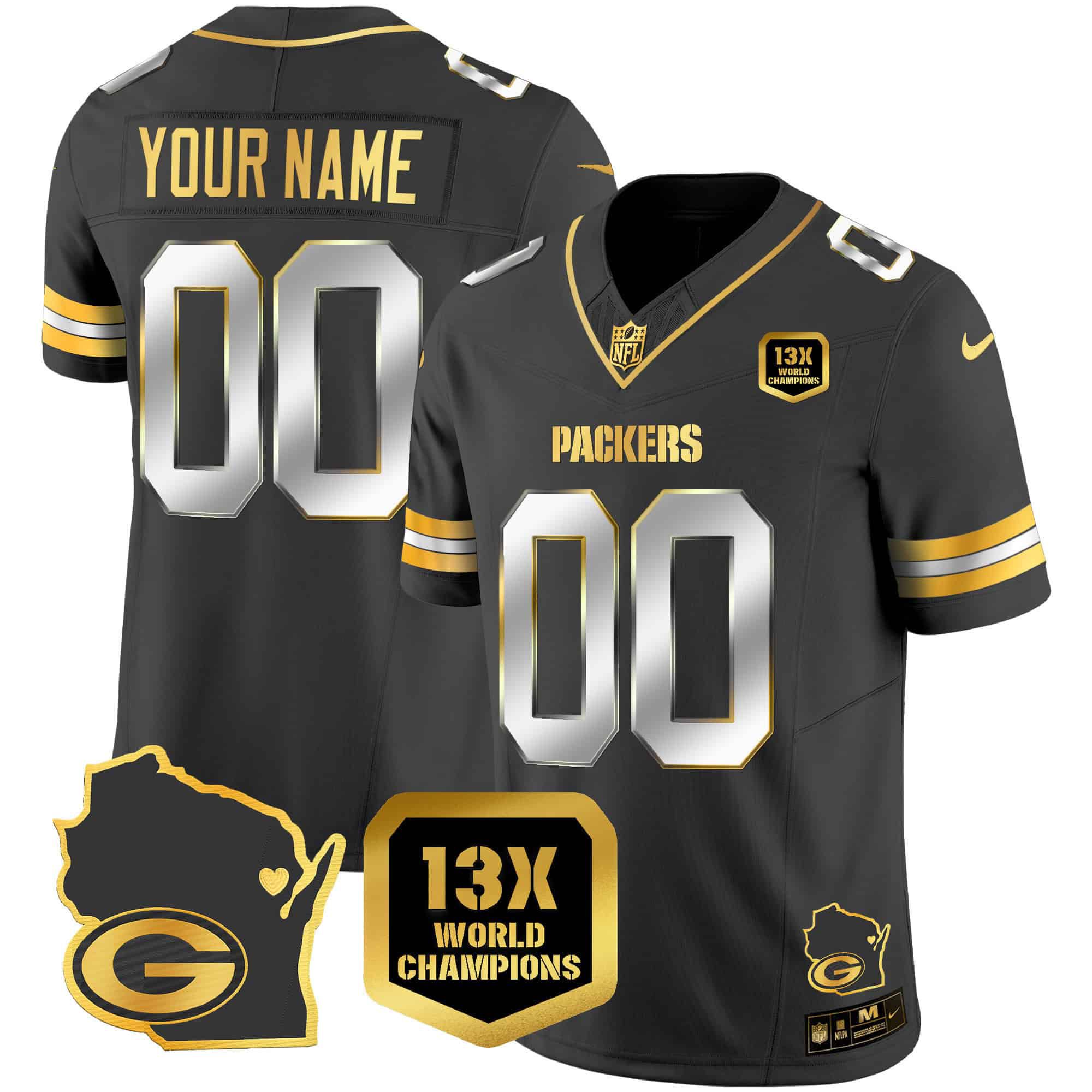 Men Green Bay Packers Black Gold 2024 Nike World Champions Home Patch Vapor Custom NFL Jersey style 1->customized nfl jersey->Custom Jersey